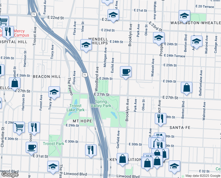map of restaurants, bars, coffee shops, grocery stores, and more near 2630 Euclid Avenue in Kansas City