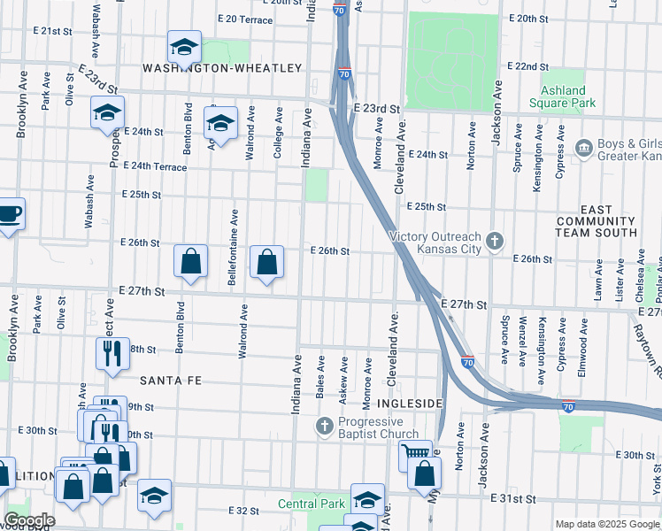 map of restaurants, bars, coffee shops, grocery stores, and more near 2611 Bales Avenue in Kansas City