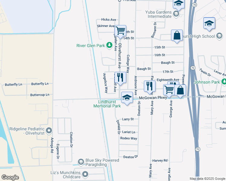 map of restaurants, bars, coffee shops, grocery stores, and more near 4280 Bluebell Avenue in Olivehurst