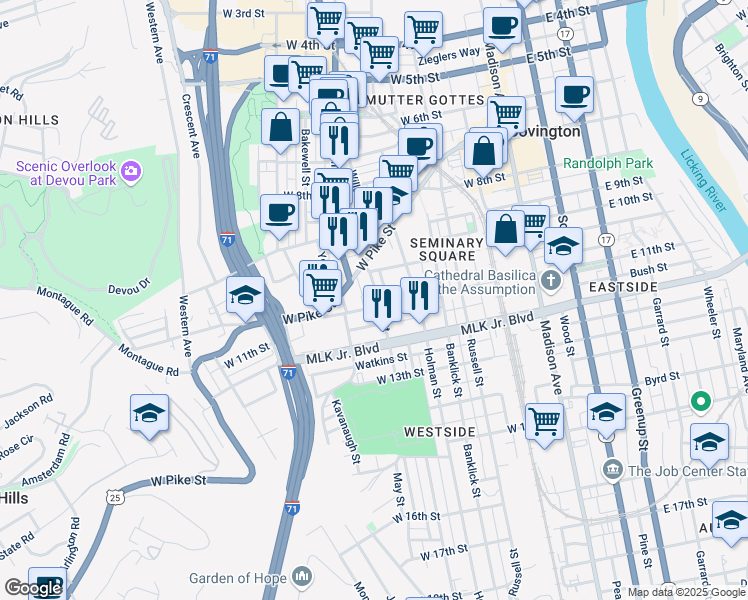 map of restaurants, bars, coffee shops, grocery stores, and more near 1035 Lee Street in Covington