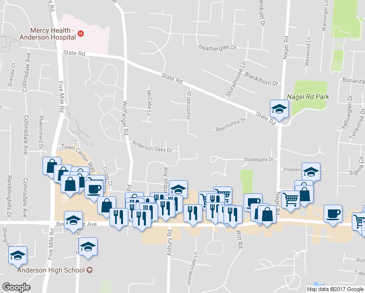 map of restaurants, bars, coffee shops, grocery stores, and more near 1472 Grand Oaks Drive in Cincinnati