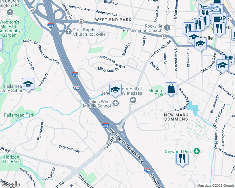 map of restaurants, bars, coffee shops, grocery stores, and more near 226 Blaze Climber Way in Rockville