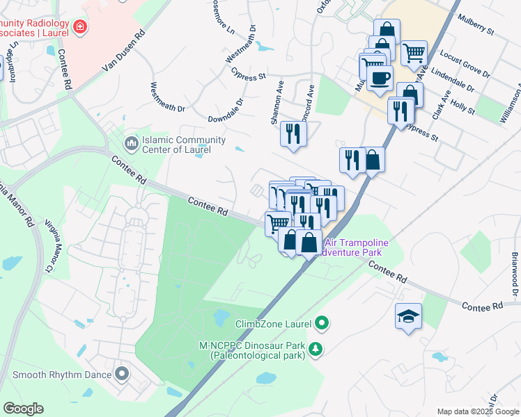 map of restaurants, bars, coffee shops, grocery stores, and more near 7810 Contee Road in Laurel