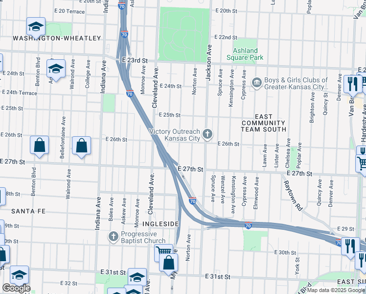 map of restaurants, bars, coffee shops, grocery stores, and more near 2605 Myrtle Avenue in Kansas City
