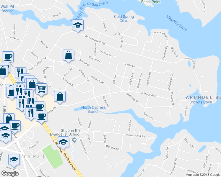map of restaurants, bars, coffee shops, grocery stores, and more near 136 Sherburn Rd in Severna Park