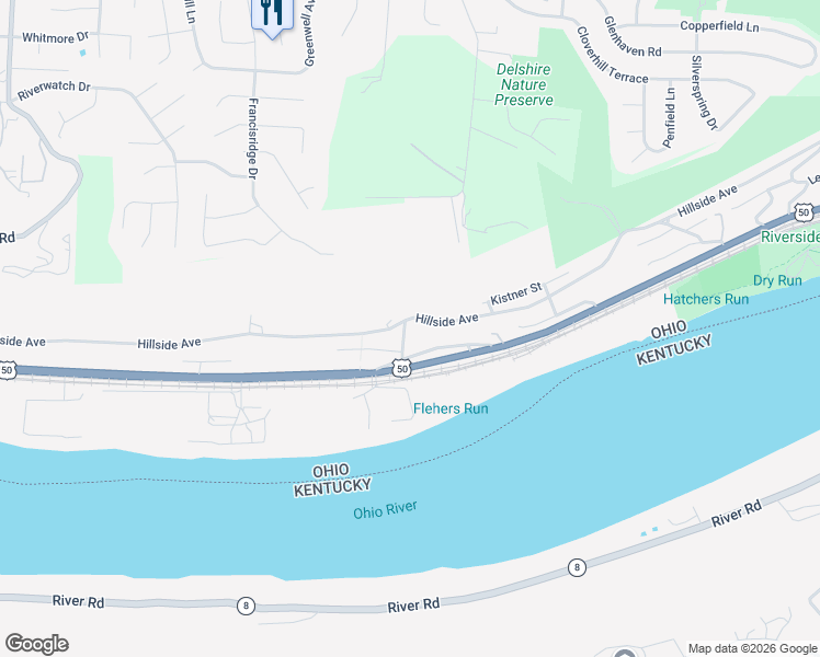 map of restaurants, bars, coffee shops, grocery stores, and more near 3891 Hillside Avenue in Cincinnati