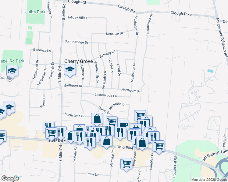 map of restaurants, bars, coffee shops, grocery stores, and more near 8583 Northport Drive in Cincinnati