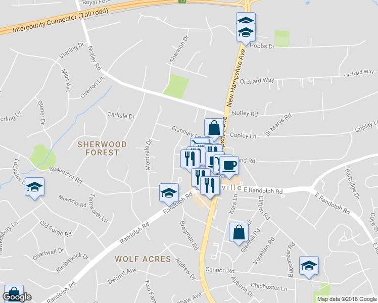 map of restaurants, bars, coffee shops, grocery stores, and more near 19 Silver Moon Drive in Silver Spring