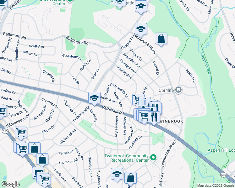 map of restaurants, bars, coffee shops, grocery stores, and more near 307 Nimitz Avenue in Rockville