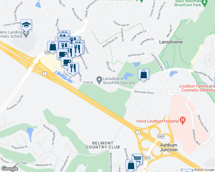 map of restaurants, bars, coffee shops, grocery stores, and more near 19451 Xerox Drive in Leesburg