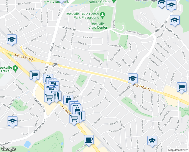 map of restaurants, bars, coffee shops, grocery stores, and more near 1203 Veirs Mill Road in Rockville