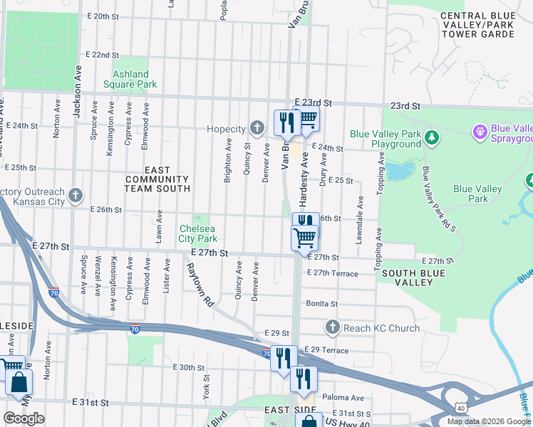 map of restaurants, bars, coffee shops, grocery stores, and more near 2549 Denver Avenue in Kansas City