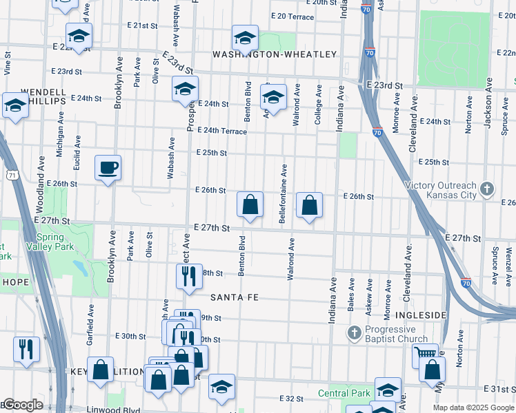 map of restaurants, bars, coffee shops, grocery stores, and more near 2618 Agnes Avenue in Kansas City
