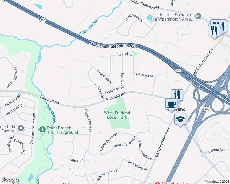 map of restaurants, bars, coffee shops, grocery stores, and more near 2309 Solmar Drive in Silver Spring