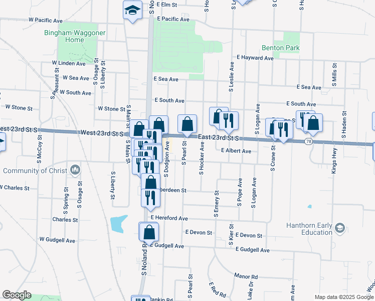 map of restaurants, bars, coffee shops, grocery stores, and more near 1223 South Pearl Street in Independence