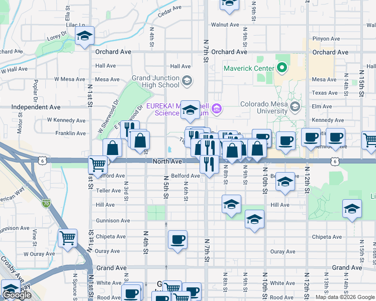 map of restaurants, bars, coffee shops, grocery stores, and more near 1110 North 6th Street in Grand Junction