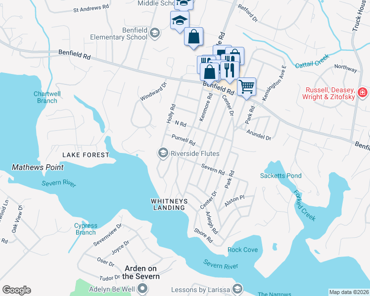 map of restaurants, bars, coffee shops, grocery stores, and more near 575 Jumpers Hole Road in Severna Park