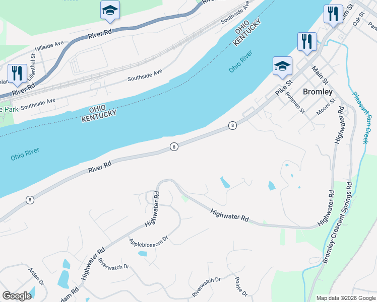 map of restaurants, bars, coffee shops, grocery stores, and more near 471 River Road in Villa Hills