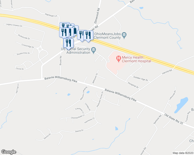 map of restaurants, bars, coffee shops, grocery stores, and more near 4308 Milhaven Drive in Batavia