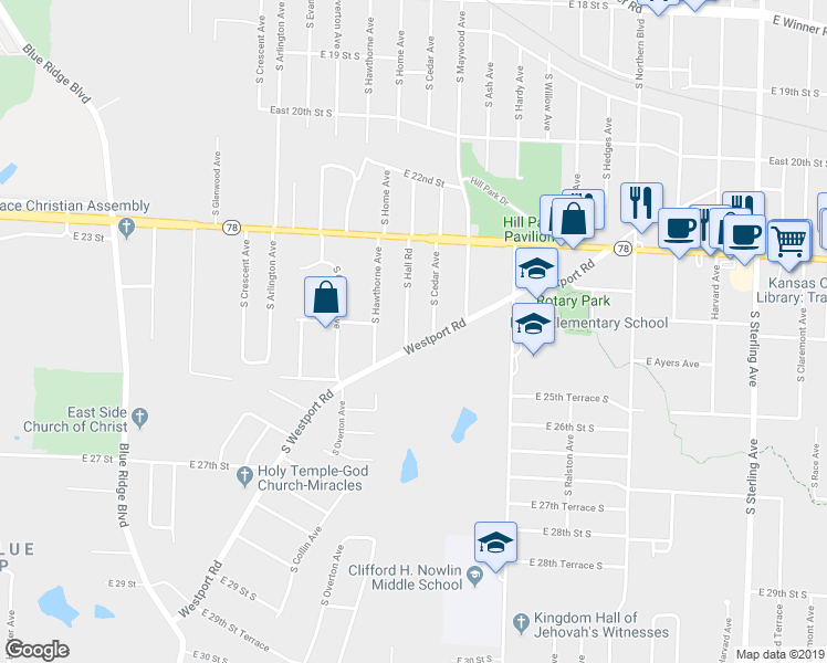 map of restaurants, bars, coffee shops, grocery stores, and more near 2333 South Hall Road in Independence
