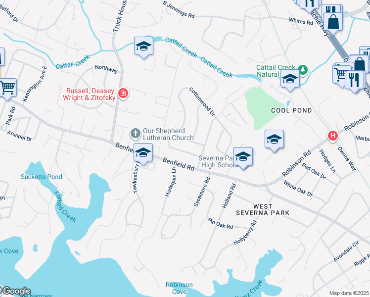 map of restaurants, bars, coffee shops, grocery stores, and more near 806 Cottonwood Drive in Severna Park