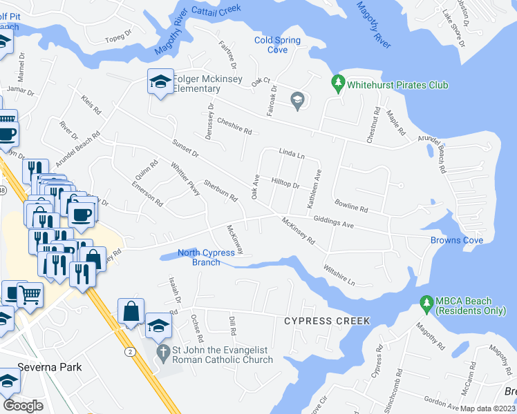 map of restaurants, bars, coffee shops, grocery stores, and more near 201 Oak Avenue in Severna Park