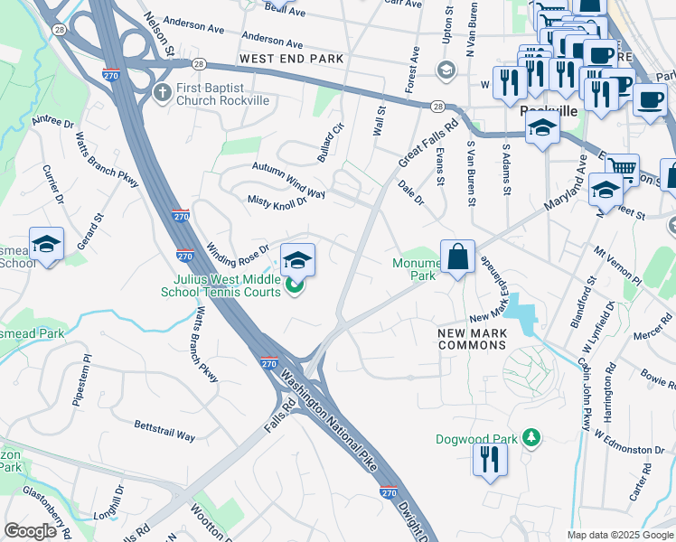 map of restaurants, bars, coffee shops, grocery stores, and more near 13 Climbing Rose Court in Rockville