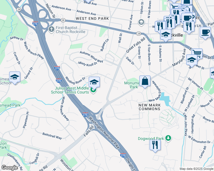 map of restaurants, bars, coffee shops, grocery stores, and more near 13 Climbing Rose Court in Rockville