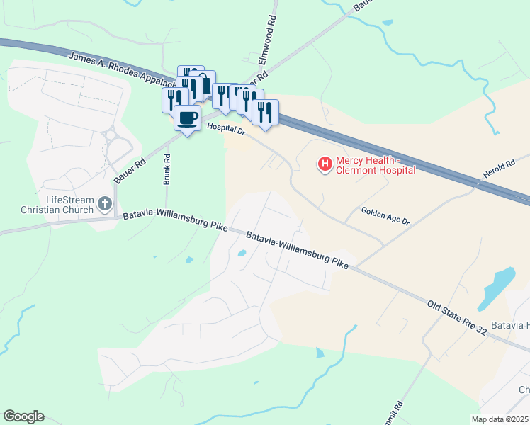 map of restaurants, bars, coffee shops, grocery stores, and more near 4305 Milhaven Drive in Batavia