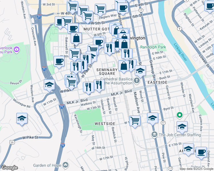 map of restaurants, bars, coffee shops, grocery stores, and more near 1107 Banklick Street in Covington