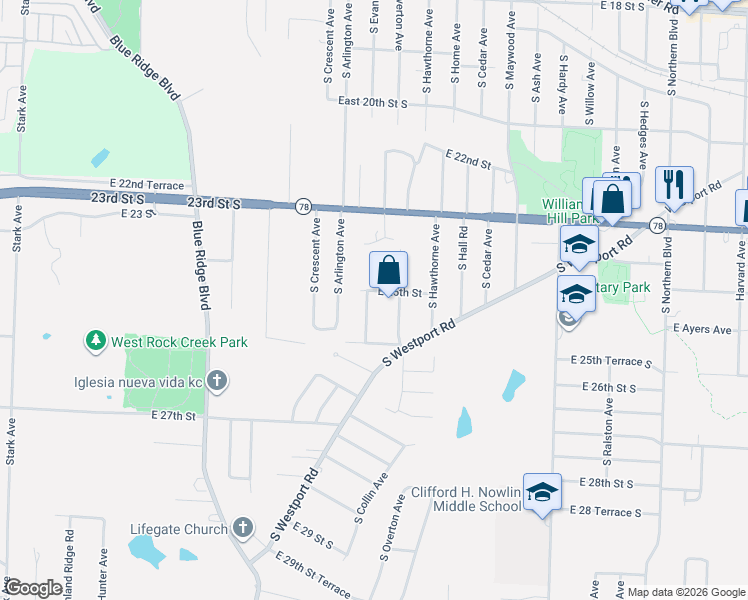 map of restaurants, bars, coffee shops, grocery stores, and more near 2504 South Evanston Avenue in Independence
