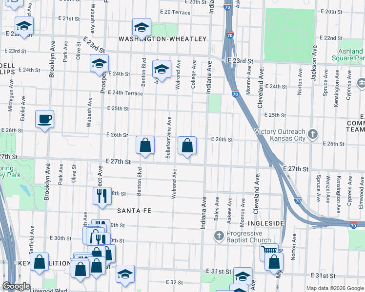 map of restaurants, bars, coffee shops, grocery stores, and more near 3214 East 26th Terrace in Kansas City