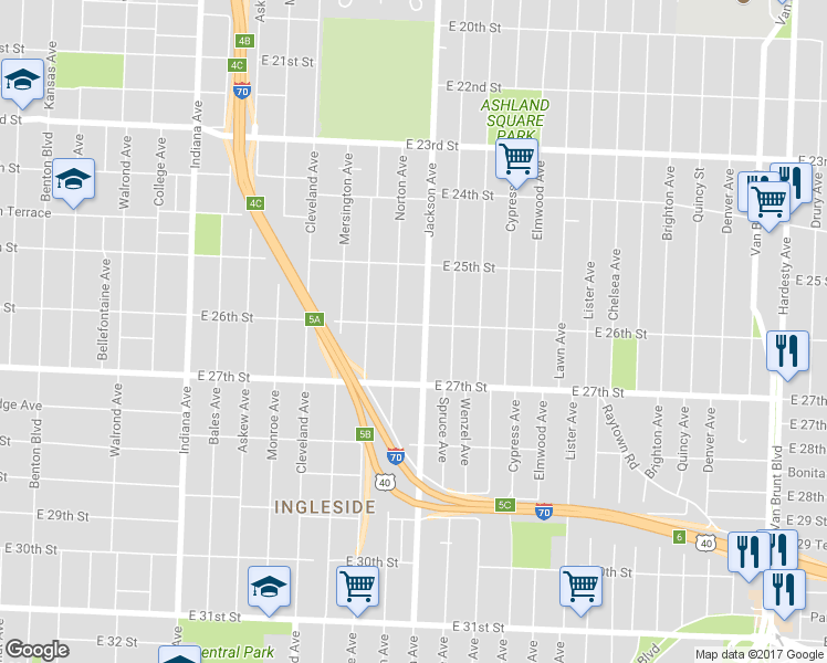 map of restaurants, bars, coffee shops, grocery stores, and more near 4115 East 26th Street in Kansas City