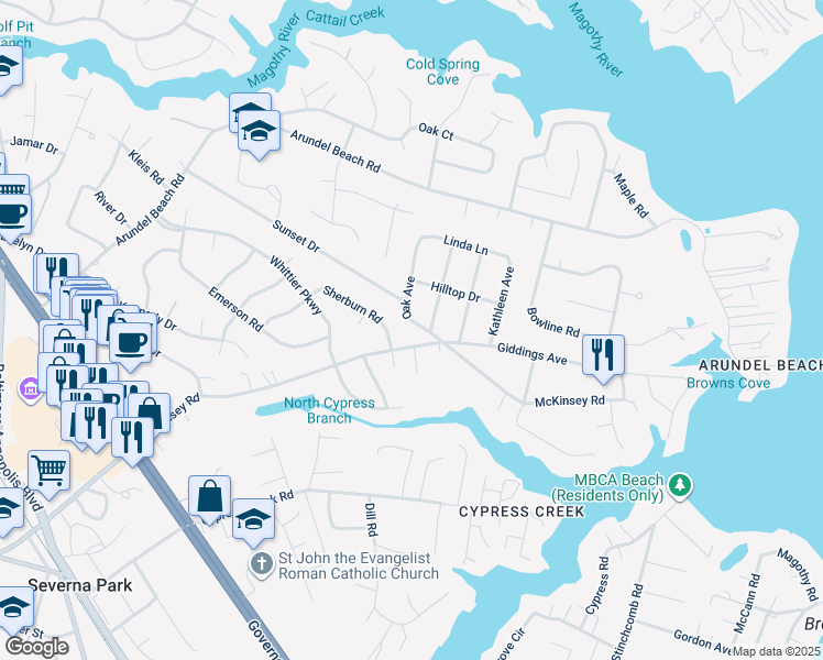 map of restaurants, bars, coffee shops, grocery stores, and more near 201 Oak Avenue in Severna Park