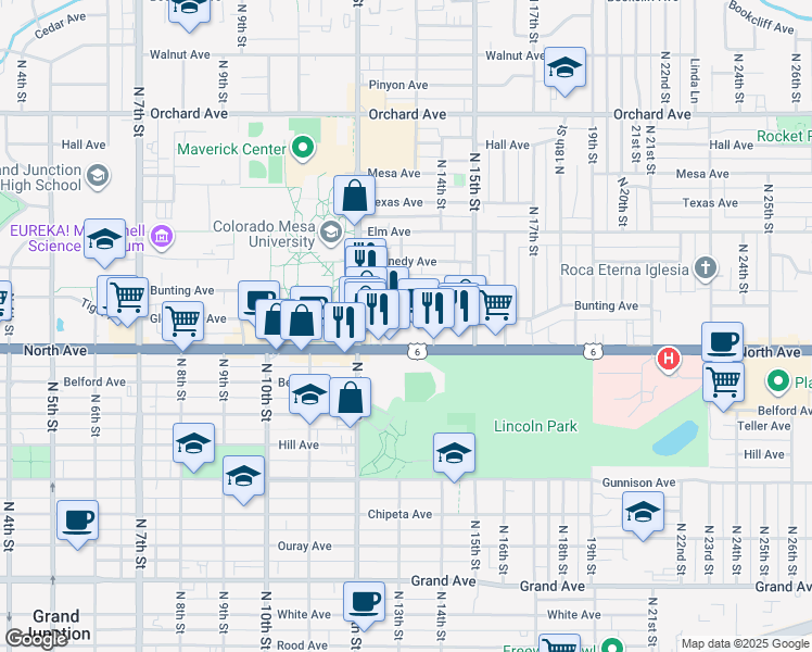 map of restaurants, bars, coffee shops, grocery stores, and more near 1311 Glenwood Avenue in Grand Junction