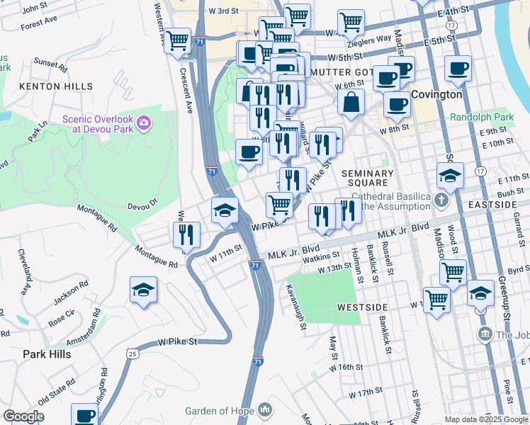 map of restaurants, bars, coffee shops, grocery stores, and more near 949 Philadelphia Street in Covington