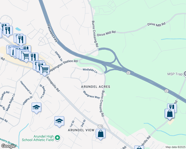 map of restaurants, bars, coffee shops, grocery stores, and more near 102 Calumet Court in Gambrills
