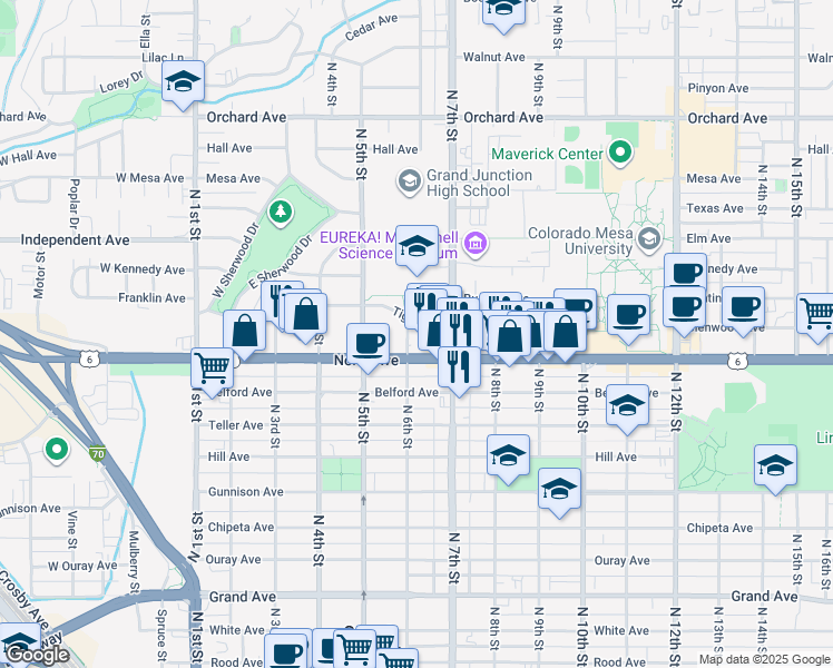 map of restaurants, bars, coffee shops, grocery stores, and more near 1110 North 6th Street in Grand Junction
