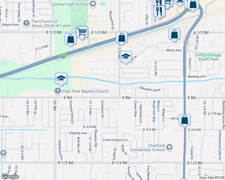 map of restaurants, bars, coffee shops, grocery stores, and more near Bevill Avenue in Grand Junction