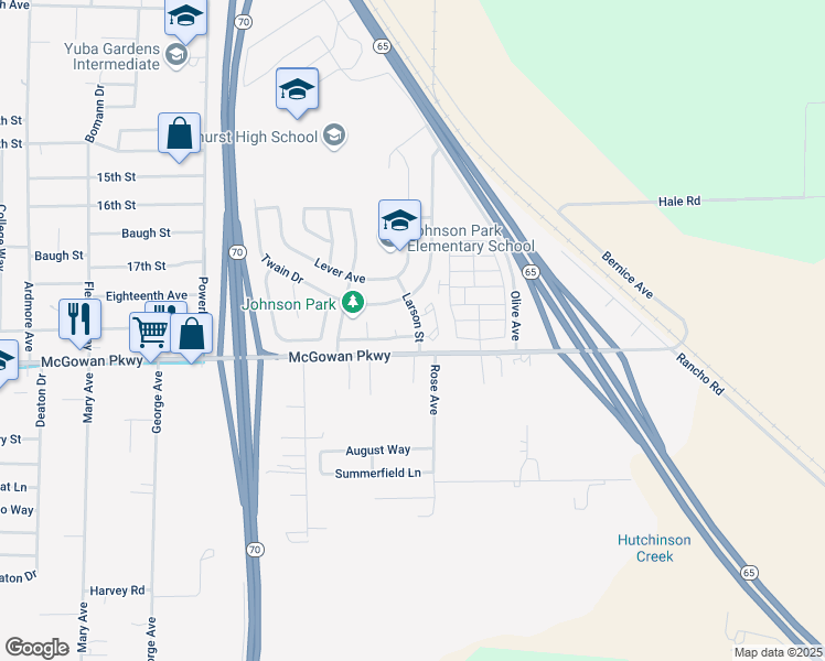 map of restaurants, bars, coffee shops, grocery stores, and more near 4274 Larson Street in Olivehurst
