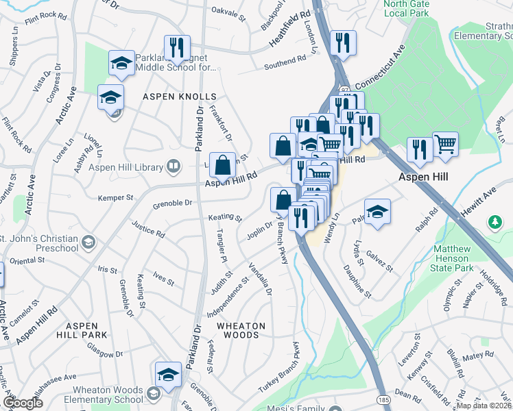 map of restaurants, bars, coffee shops, grocery stores, and more near 13532 Vandalia Drive in Rockville