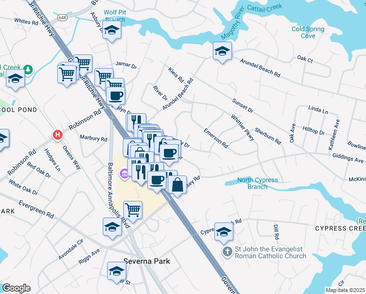 map of restaurants, bars, coffee shops, grocery stores, and more near 204 Kennedy Drive in Severna Park