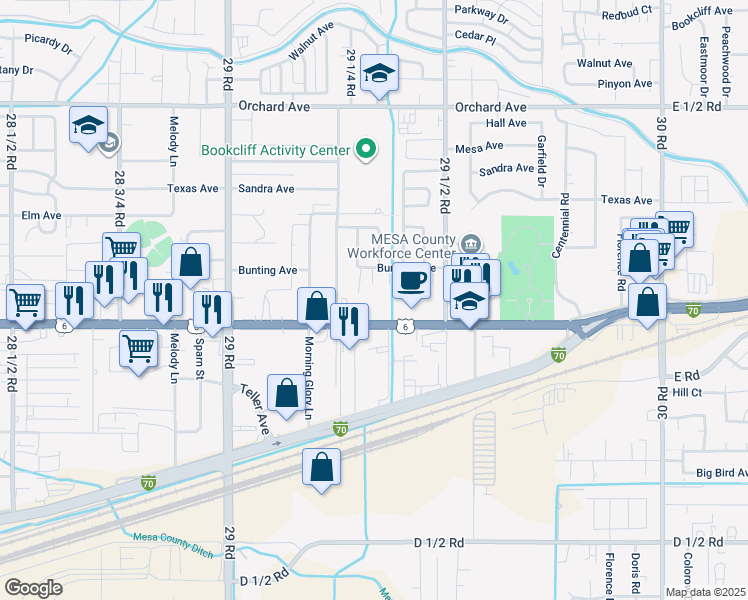 map of restaurants, bars, coffee shops, grocery stores, and more near 2936 North Avenue in Grand Junction