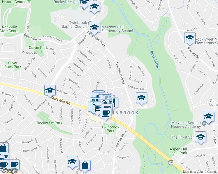 map of restaurants, bars, coffee shops, grocery stores, and more near 2102 Pinneberg Avenue in Rockville
