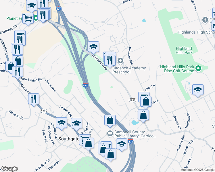 map of restaurants, bars, coffee shops, grocery stores, and more near 85 North Grand Avenue in Fort Thomas