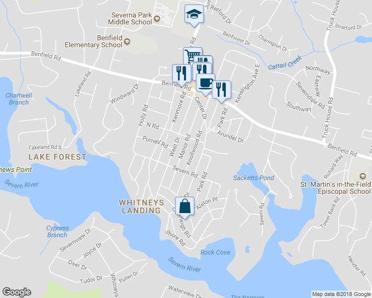 map of restaurants, bars, coffee shops, grocery stores, and more near 567 Manor Road in Severna Park
