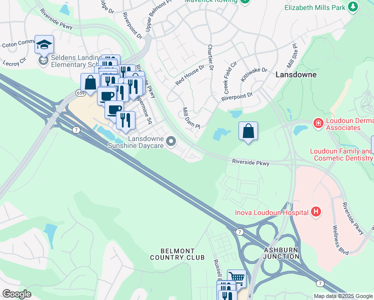 map of restaurants, bars, coffee shops, grocery stores, and more near 19447 Xerox Drive in Leesburg