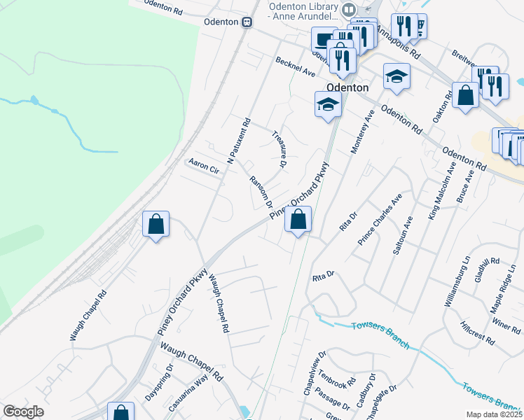 map of restaurants, bars, coffee shops, grocery stores, and more near 615 Realm Court West in Odenton
