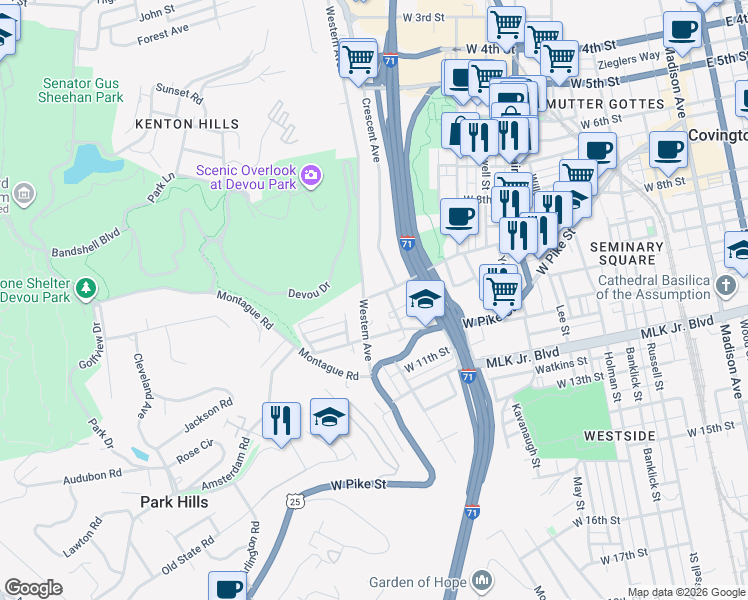 map of restaurants, bars, coffee shops, grocery stores, and more near 721 West 9th Street in Covington