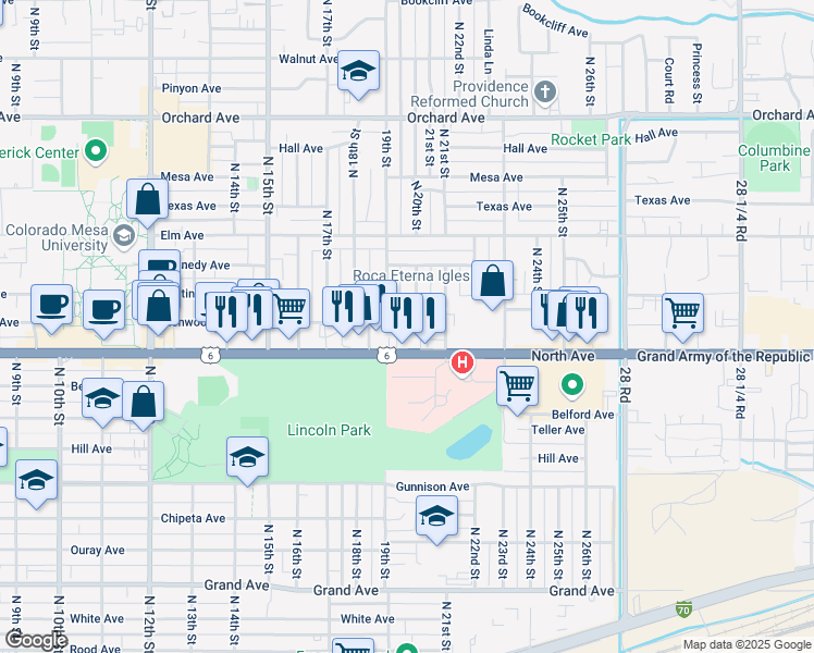 map of restaurants, bars, coffee shops, grocery stores, and more near 1810 North Avenue in Grand Junction